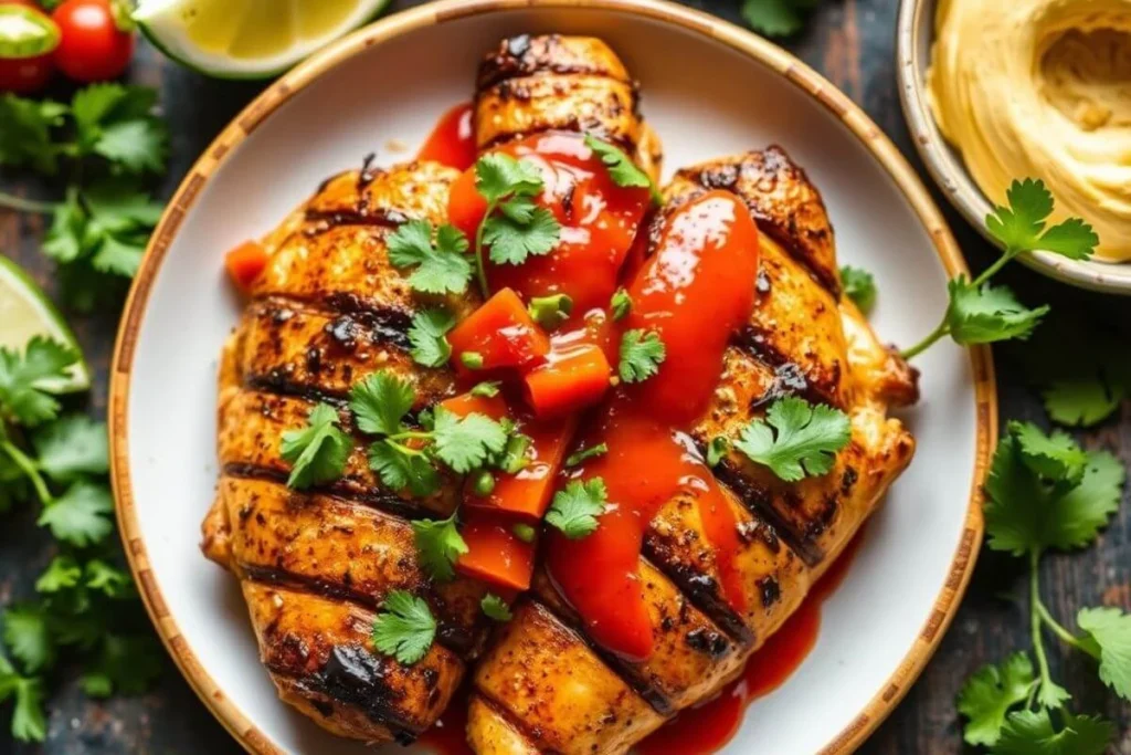 Pollo Loco Recipe: Grilled chicken with lime and spices served with rice, beans, and tortillas.