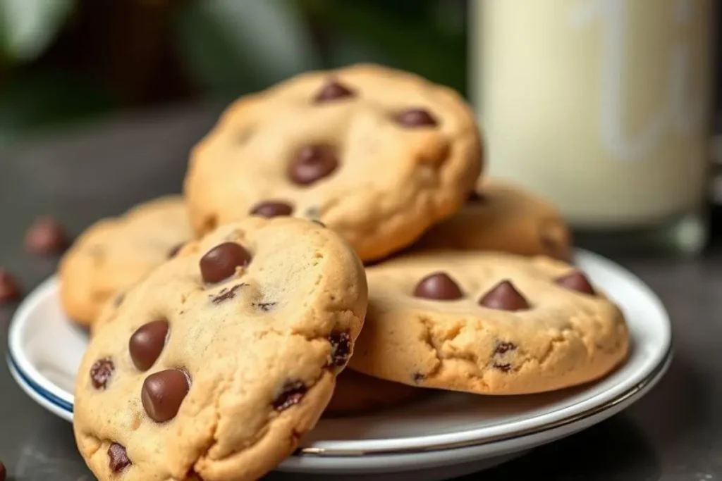 A plate of Disney chocolate chip cookies with golden edges and gooey chocolate chips, made with precise metric measurements.