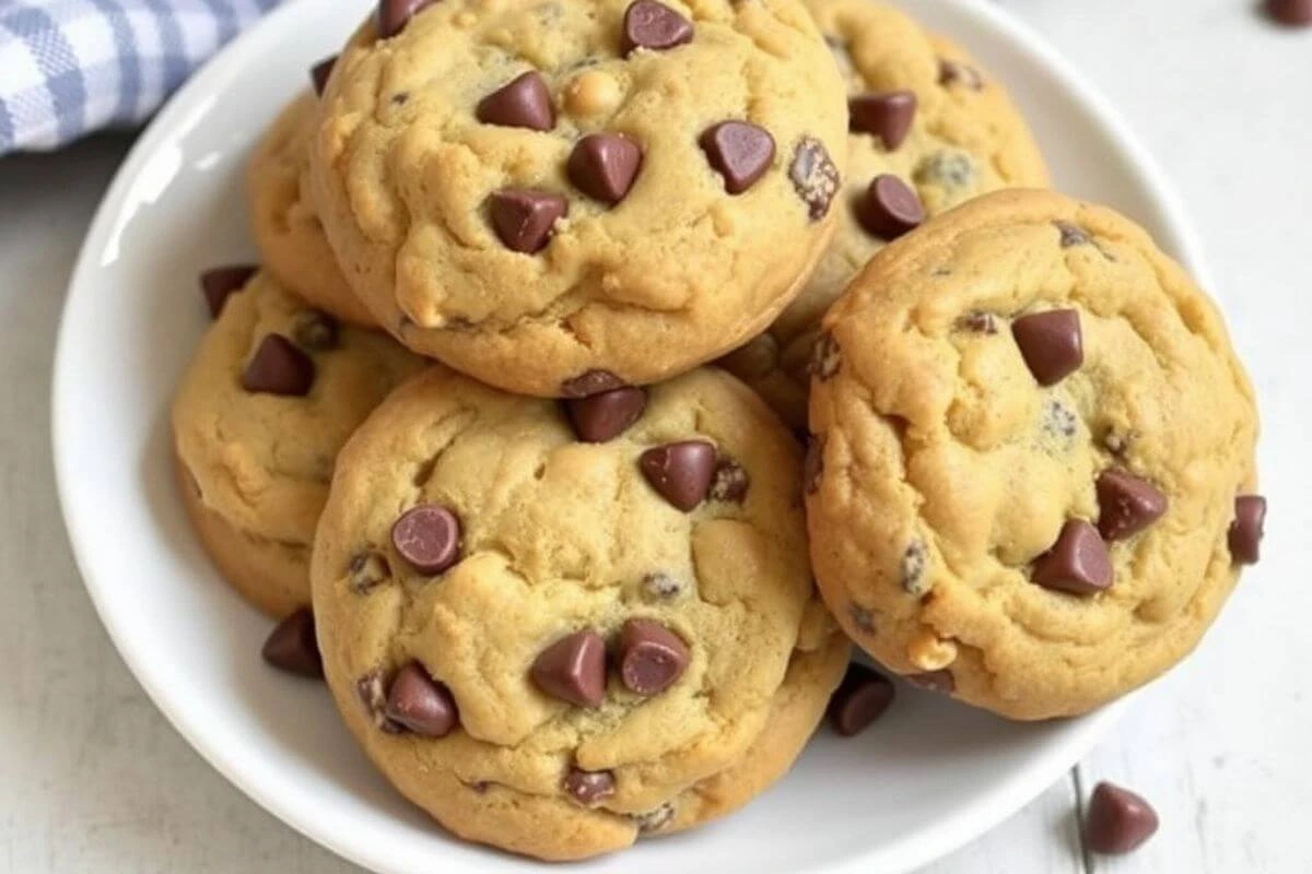 A plate of freshly baked Disney chocolate chip cookies, golden-brown with melted chocolate chips, prepared using metric measurements.