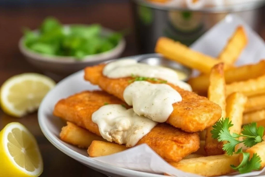 Golden, crispy lectin-free fish fillets with hand-cut chips, served on a white plate with lemon wedges and a side of dipping sauce.