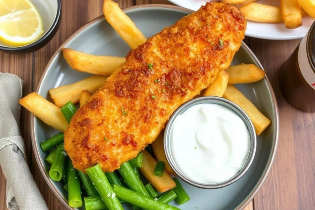 lectin-free fish and chips recipe: served with a side of fresh salad and lemon wedges on a wooden table.